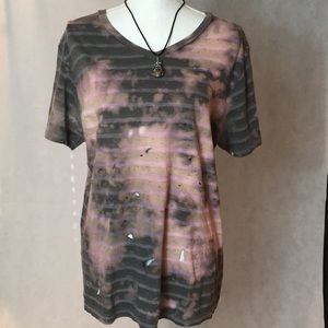 Tie-dye grunge cotton blend distress striped tee